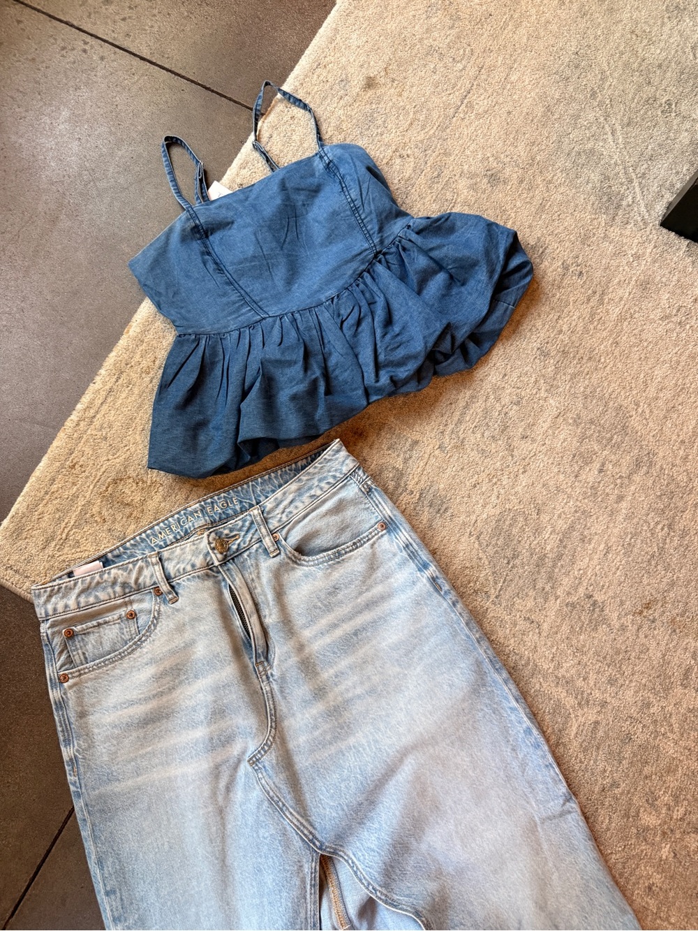 Denim Peplum Cami Top - Blue